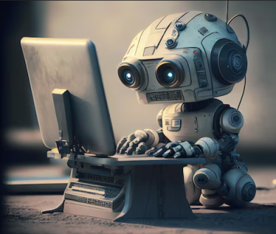 Small robot typing on a small laptop at a desk.